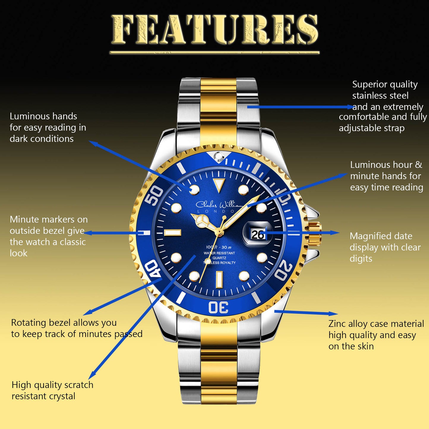 Charles WIlliam Mens Designer Watch Blue Gold With A Date Display and Stainless Steel Strap