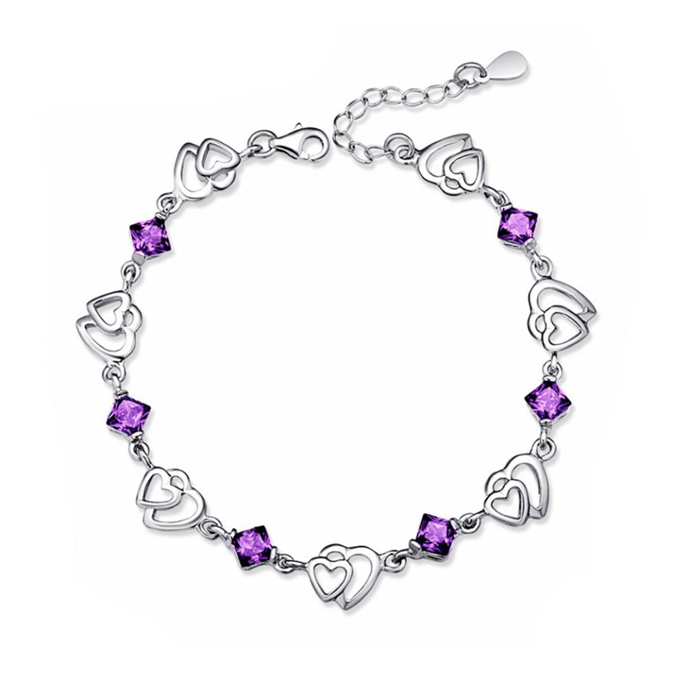 Women's Girls Charm Bracelet Silver Friendship Heart Purple Crystal Stone UK Seller