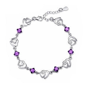 Women's Girls Charm Bracelet Silver Friendship Heart Purple Crystal Stone UK Seller