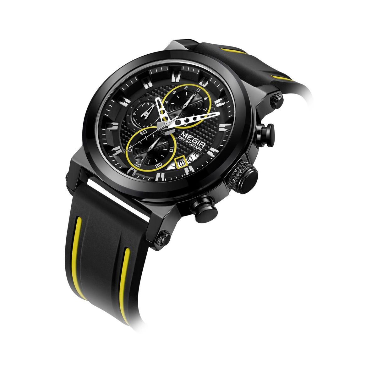 Megir Mens Round Quartz Analogue Luxury Watch Black Yellow Watches Rubber Strap UK