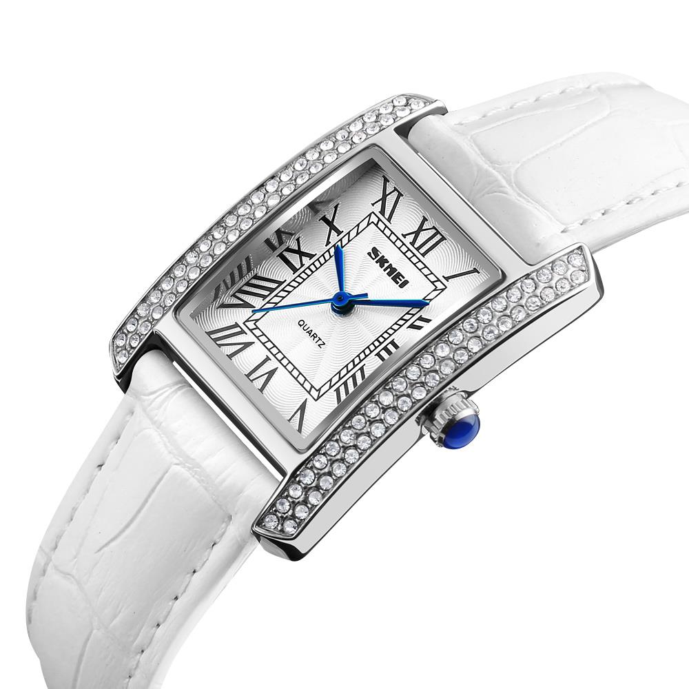 Skmei Women's Ladies Watch Classic Roman Genuine Leather Crystal Stones White Silver