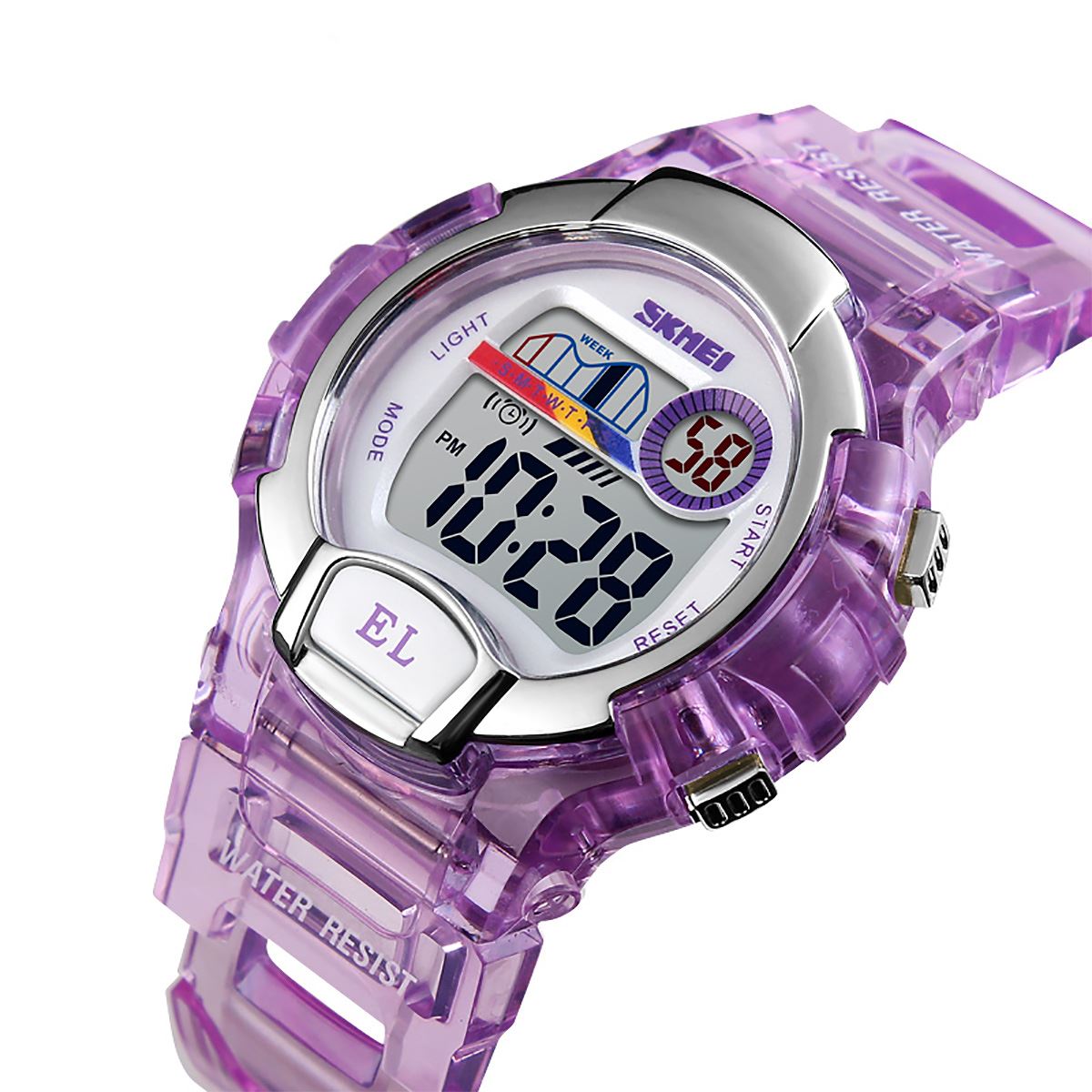 Skmei Kids Boys Girls Purple Digital Watch Transparent Strap Watch 50m Water Resistant Stopwatch Perfect For Ages 5-13