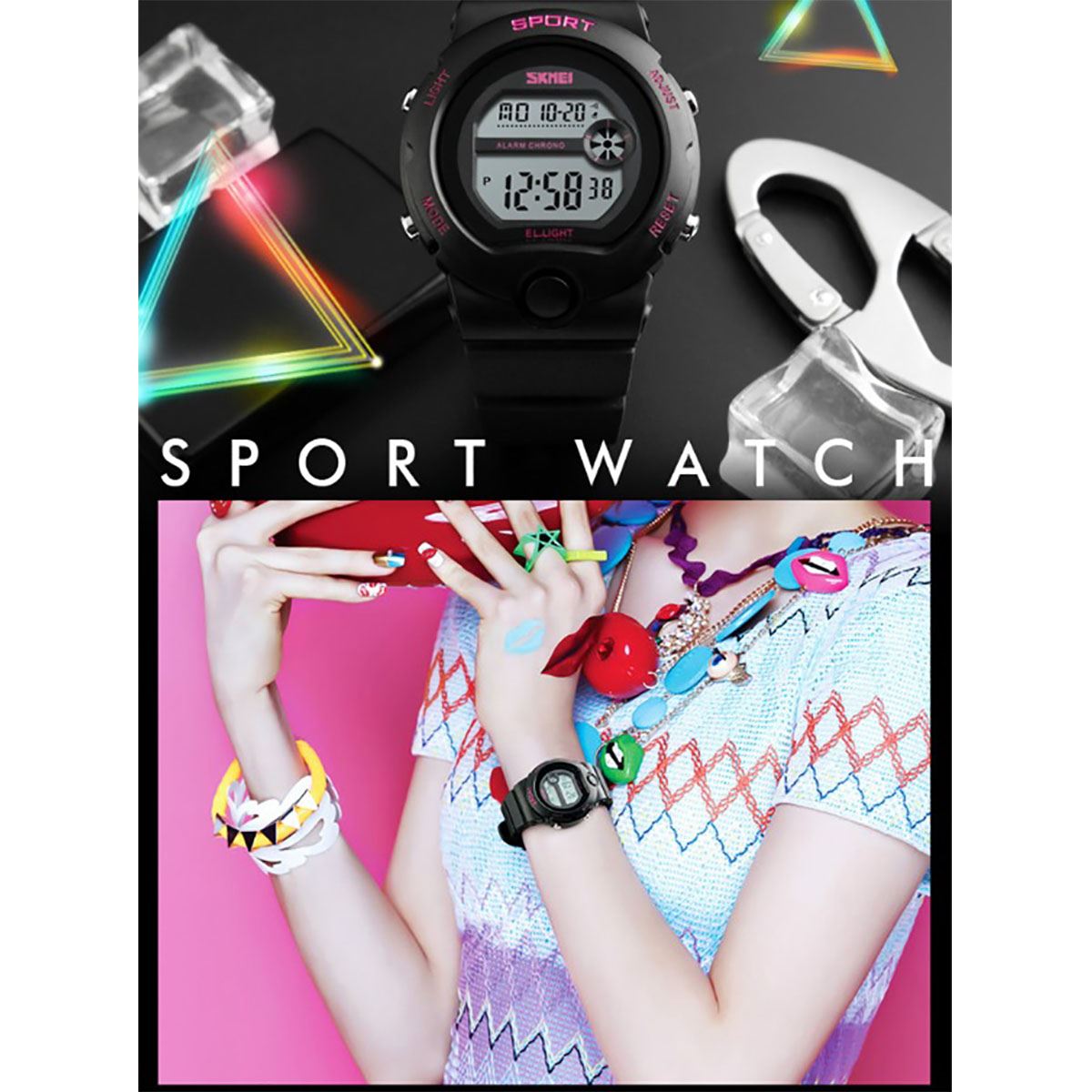 Skmei Girls Kids Black Digital With Pink Markers Watch 50m Water Resistant With Stopwatch Alarm Perfect For Ages 5-13 DG1334B