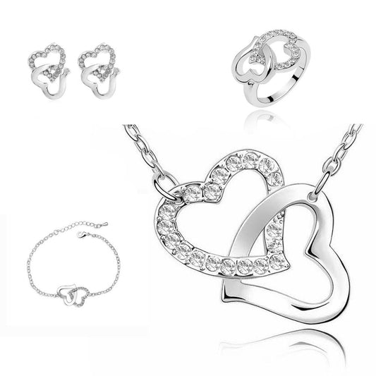 Clear Crystal Stones Hearts Intertwined Jewellery Set With Matching Necklace, Earrings, Bracelet & Ring