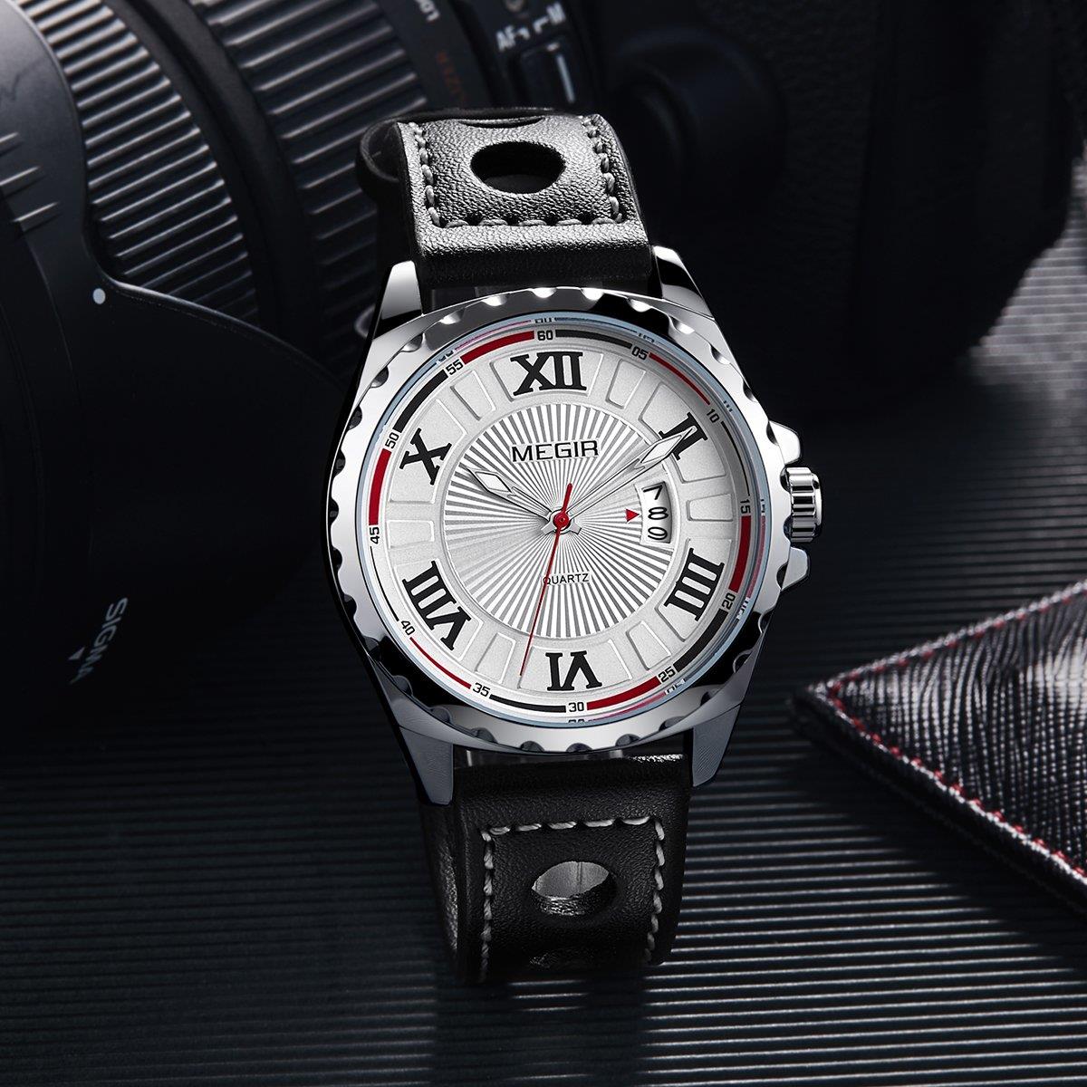 Megir Mens Boys Round Quartz Analogue Watch Black Silver Red Date Watches UK