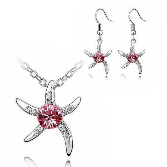 Women's Silver Starfish Necklace & Earrings Set Pink Crystal Stone Gift Stocking UK