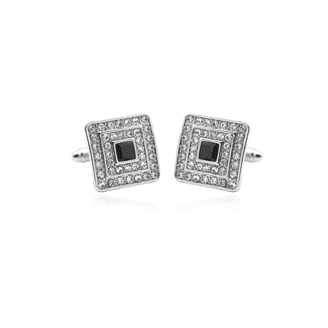 Charles William Silver Cufflinks Square With Encrusted Crystal Stones And Central Black Stone