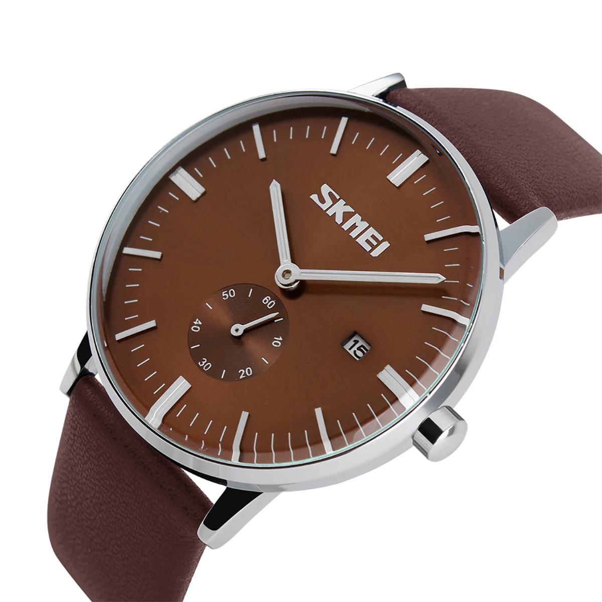 Skmei Mens Brown Classic Watch Genuine Comfort Leather Strap Date Display SK9083