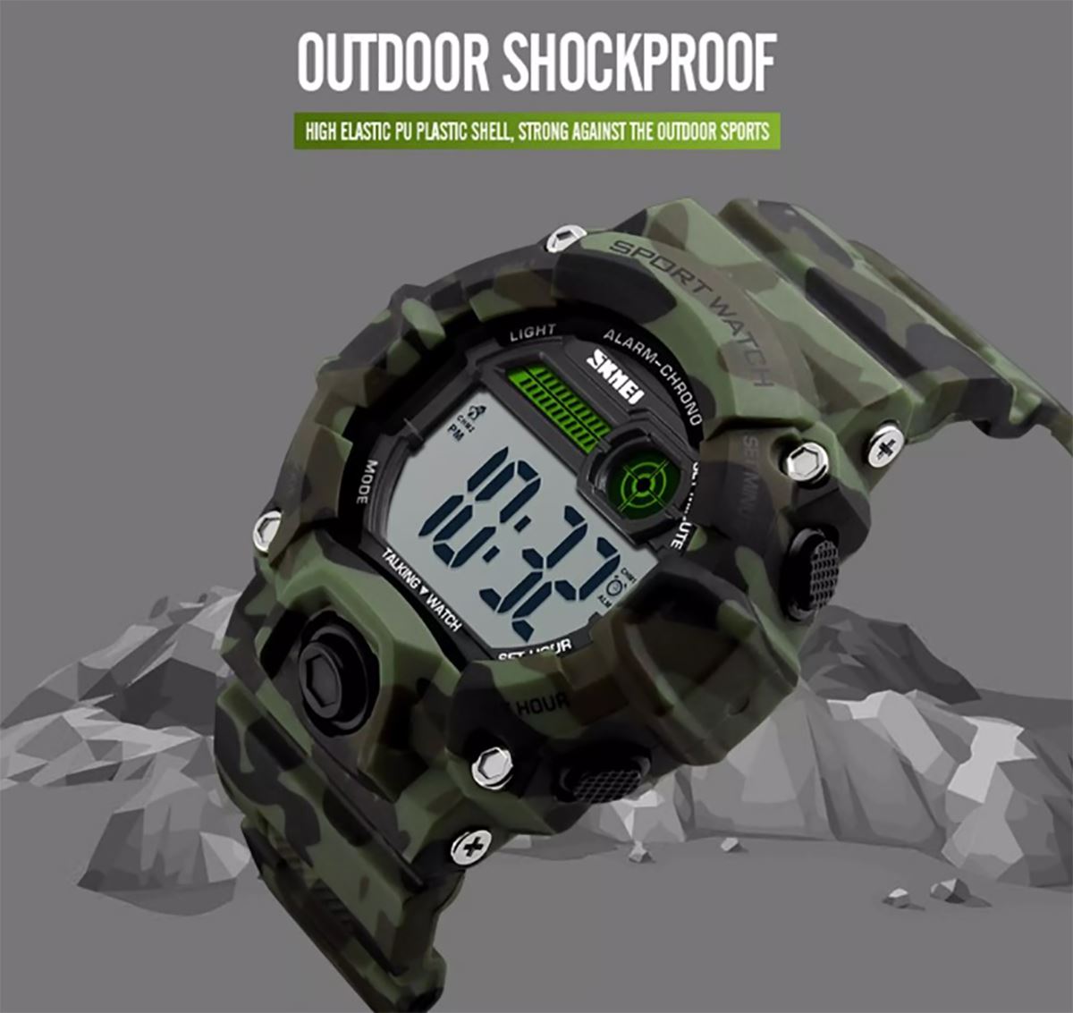 Skmei Large Display Digital Watch Camouflage Loud Alarm Cam 50m Sports Watch UK Seller