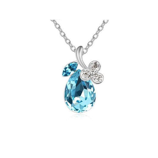 Women's Sky Blue Diamante Crystal Silver Tone Flower Petal Teardrop Pendant Necklace UK