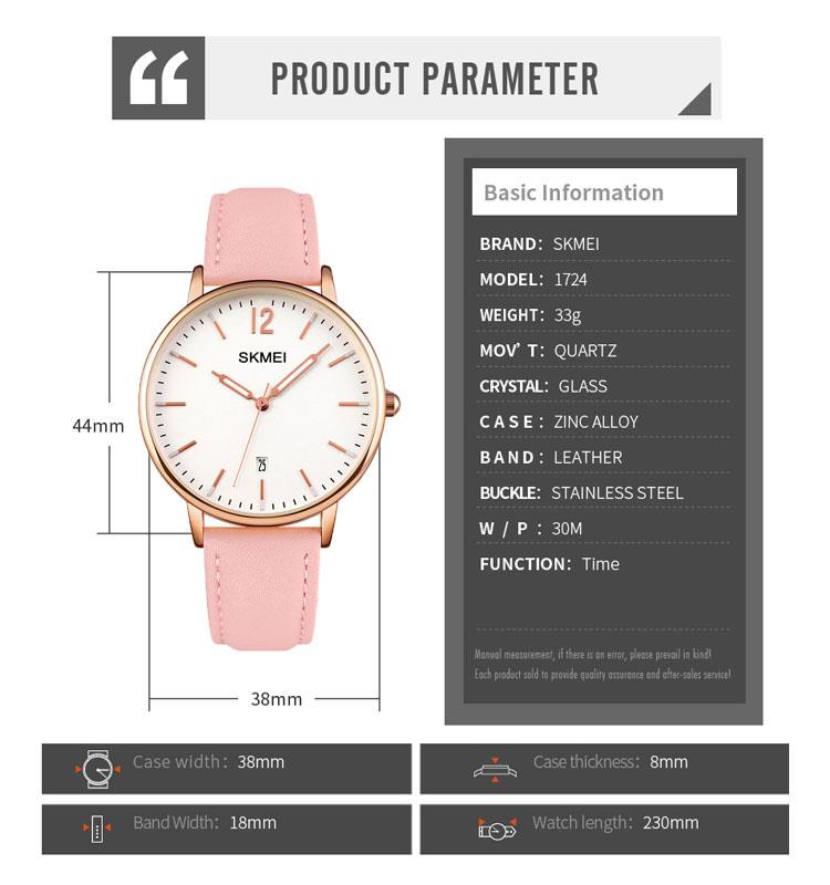Skmei Women's Watch Classic Clear Dial Date Display Genuine Leather Strap Pink