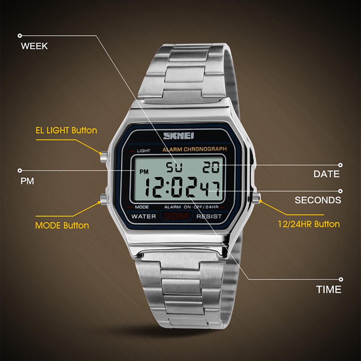 Skmei Mens Boys Classic Clear Digital Watch Retro Alarm Metal Strap Date Stopwatch