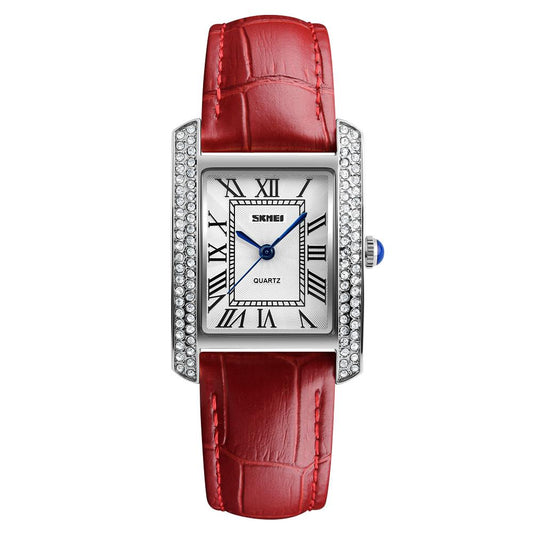 Skmei Women's Ladies Watch Classic Roman Genuine Leather Crystal Stones Red Silver