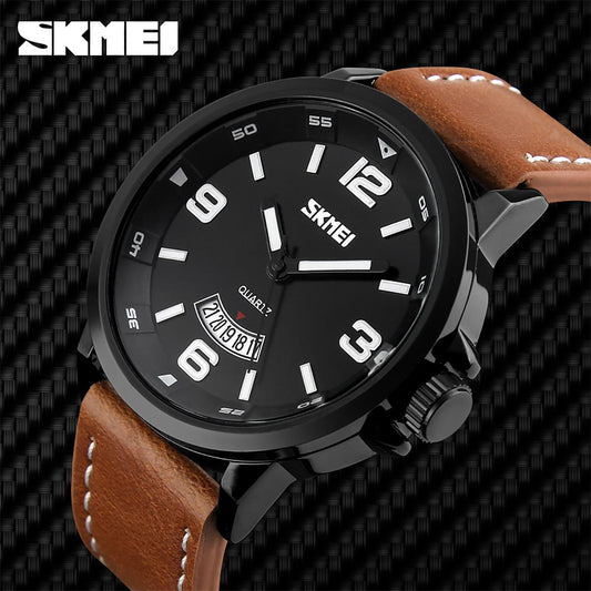 Skmei Mens Watch Brown Genuine Leather Strap Date Display Window SK9115BLA