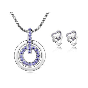 Purple Circle Pendant Necklace With Matching Love Heart Earrings