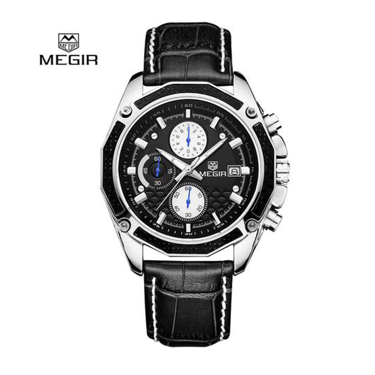 Megir Mens Round Quartz Analogue Watch Black Silver Date Smart Watches Leather