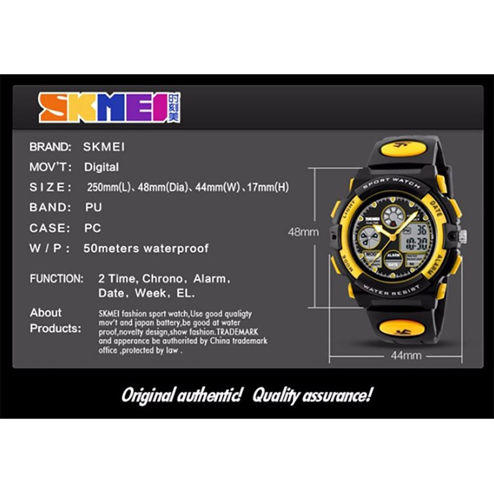 Skmei Black And Yellow Sports Kids Watch 50m Water Resistant Dual Time Display AD1163