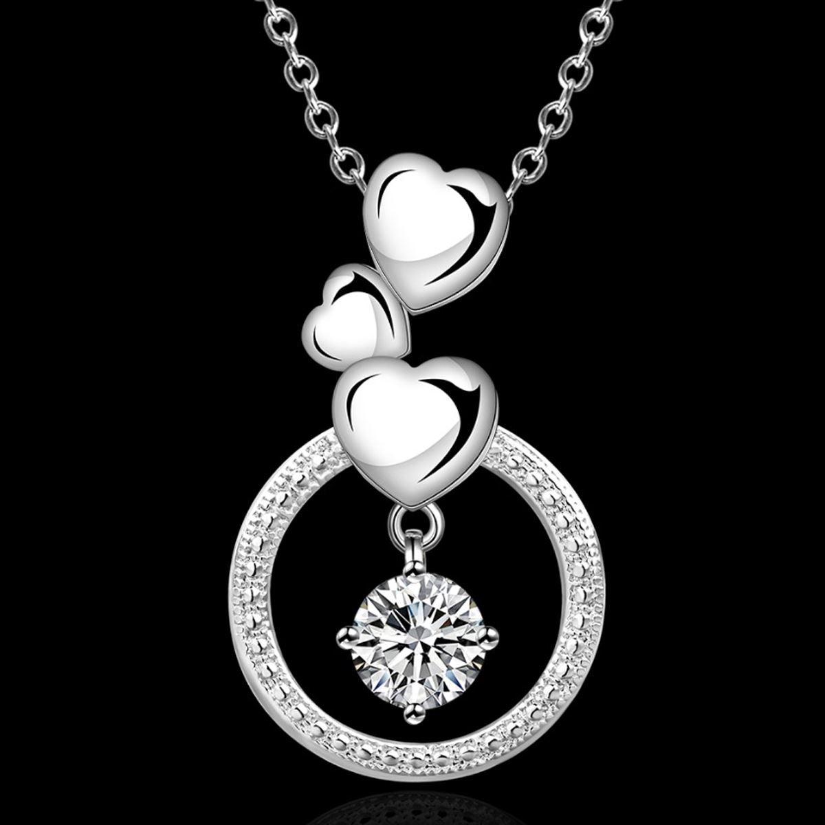 Women's Ladies Silver Plated Hearts Love Pendant Necklace With Circle & Crystal Stone Uk Seller