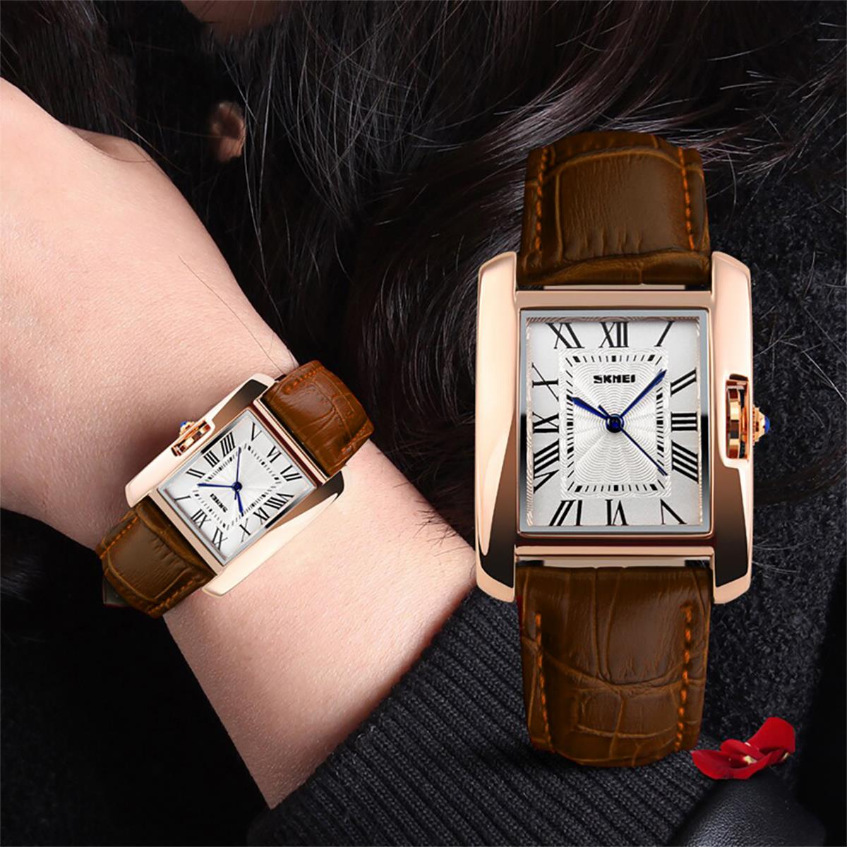 Skmei Beautiful Women's Ladies Watch Square Rose Gold Roman Numerals Genuine Leather Strap Brown 1085BR