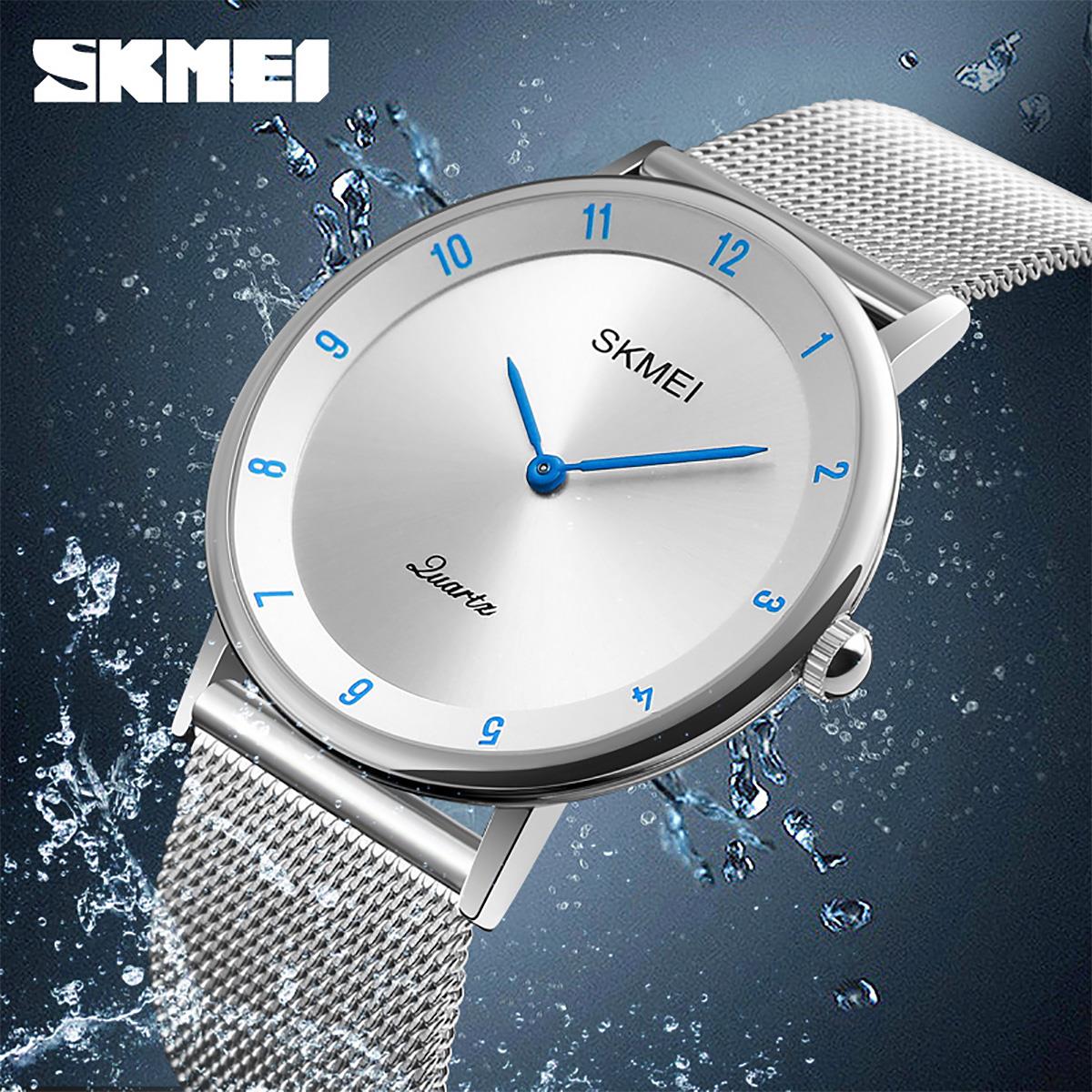 Skmei Mens Watch Classic Silver Dial Ultra Thin Stainless Steel Mesh Strap Blue