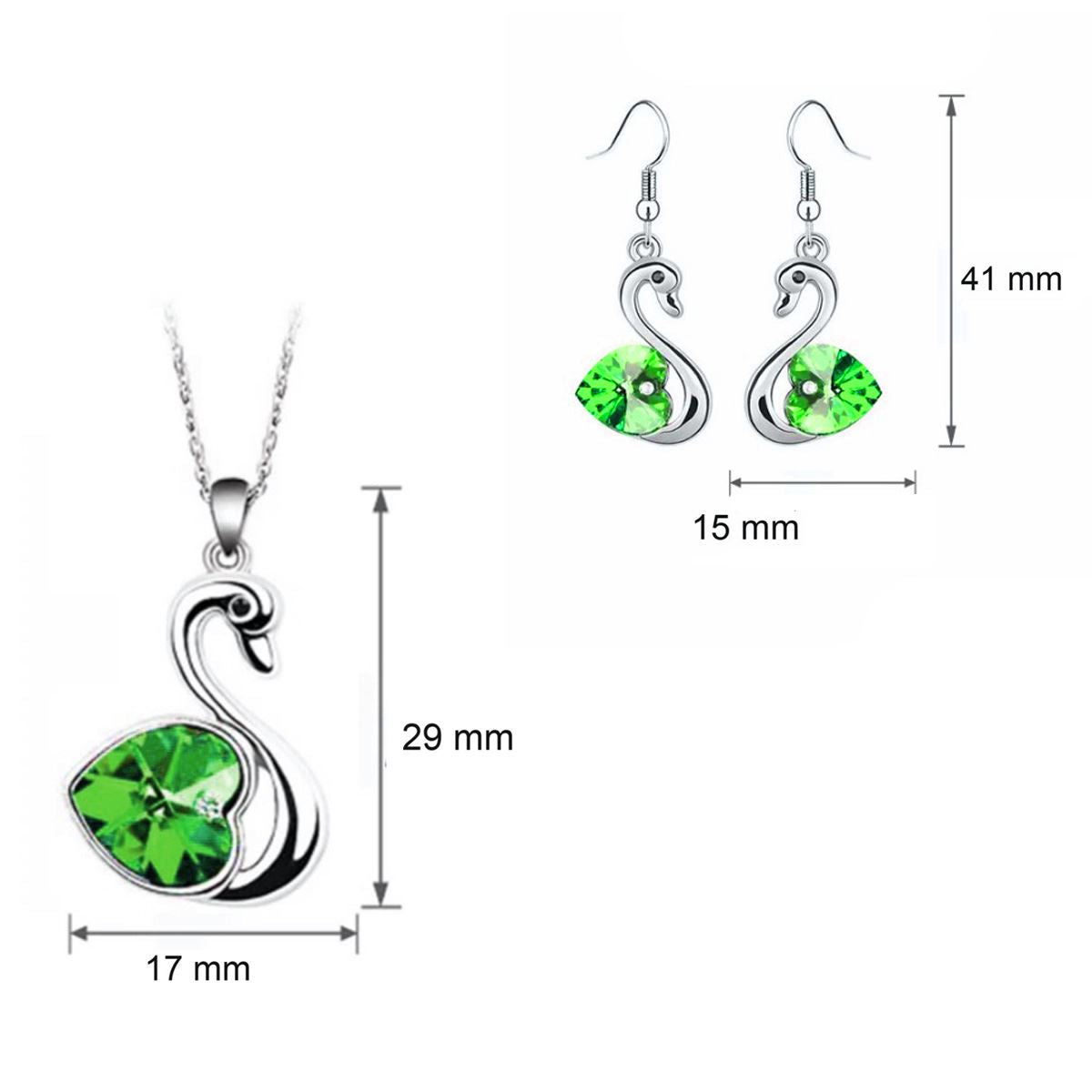 Crystal Love Heart In Green Swan Jewellery Set Earrings And Matching Necklace Silver