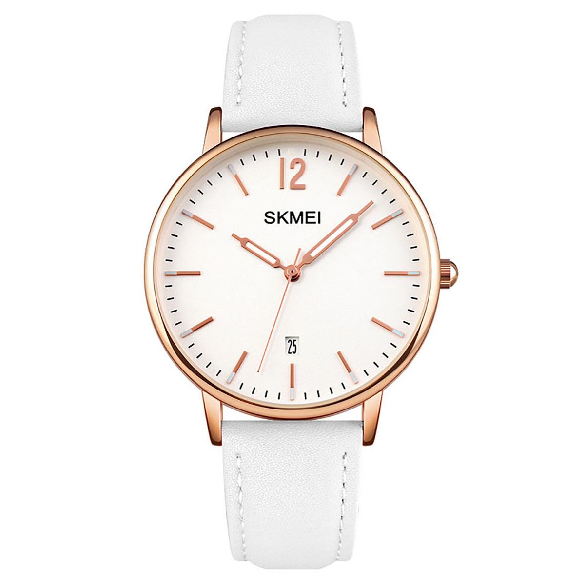 Skmei Women's Ladies Watch Classic Clear Dial Date Display Genuine Leather Strap White