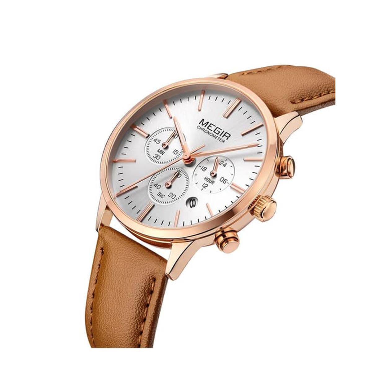 Megir Ladies Round Quartz Analogue Luxury Watch Rose Gold Watches Brown Leather UK