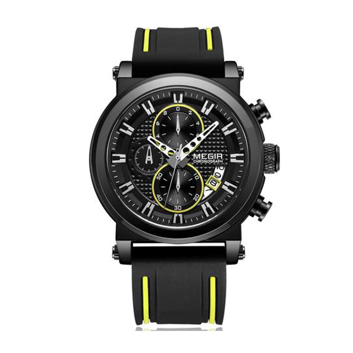 Megir Mens Round Quartz Analogue Luxury Watch Black Yellow Watches Rubber Strap UK