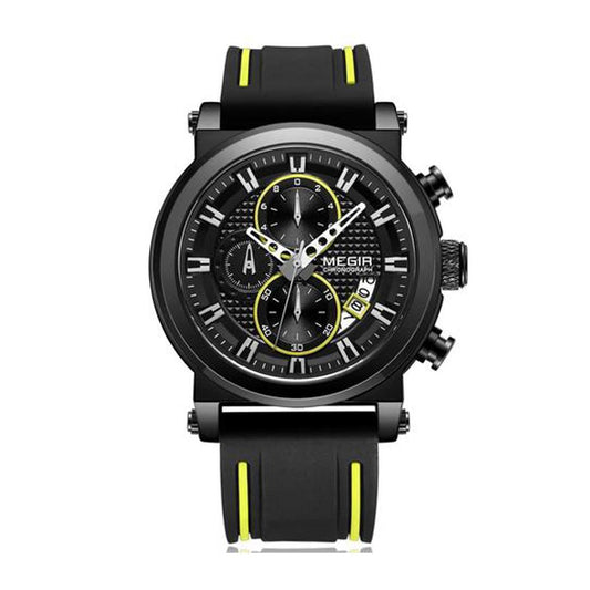 Megir Mens Round Quartz Analogue Luxury Watch Black Yellow Watches Rubber Strap UK