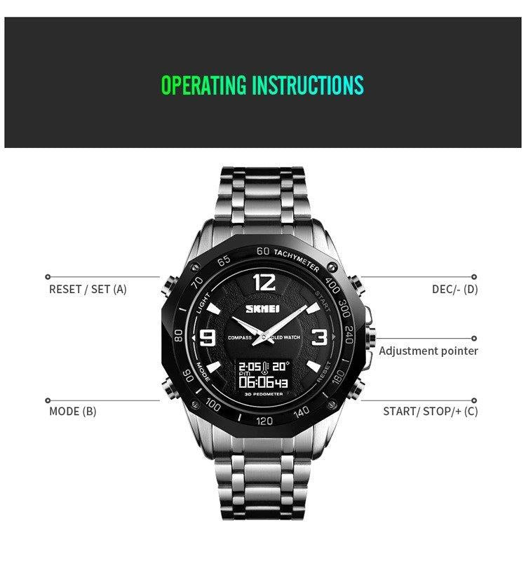 Skmei Dual Time Gadget Watch Pedometer Stopwatch Countdown Alarm Compass Stainless Steep Strap