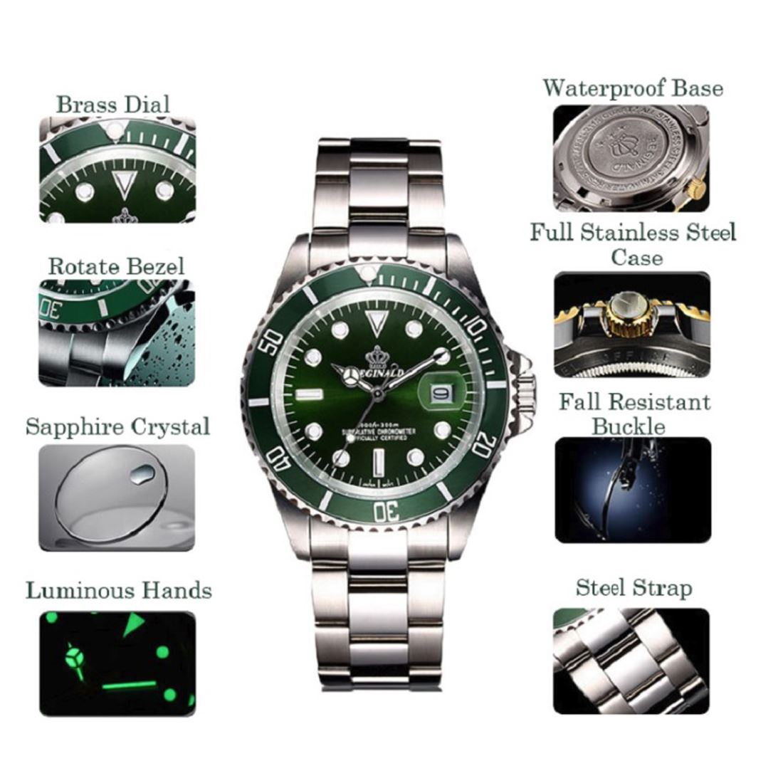 Mens Watch Silver Green Man Smart Watches Designer Gift Present UK