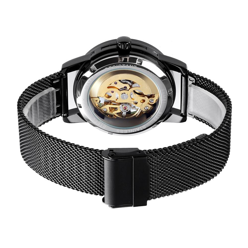 Skmei Mens Black Automatic Movement Skeleton Steampunk Watch Metal Mesh Strap With Crystal Stone Encrusted Hour Markers Collector SK9199