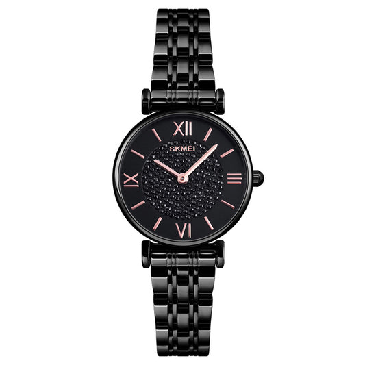 Skmei Women's Ladies Watch Black Classic Sparkle Clear Dial Crystal Stones Stainless Steel Strap