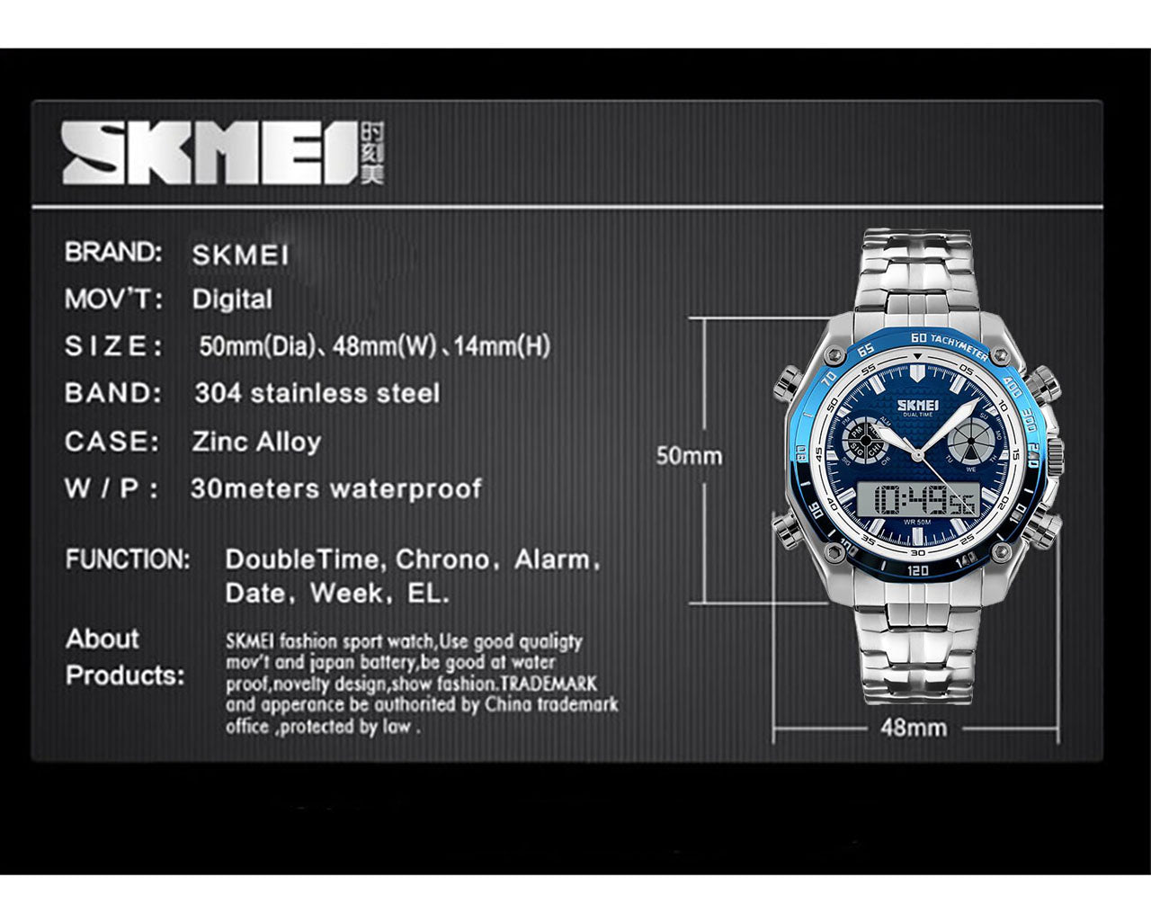 Skmei Blue Mens Dual Time Digital And Analogue Watch With Stainless Steel Strap AD1204BLU