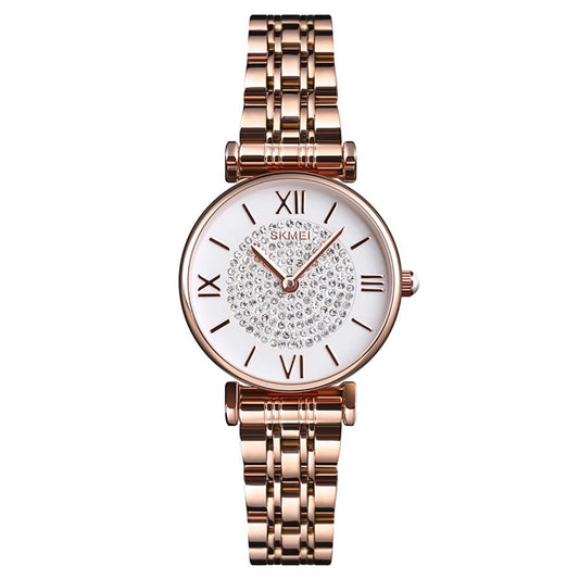Skmei Women's Watch Rose Gold Classic Sparkle Clear Dial Crystal Stones Stainless Steel Strap
