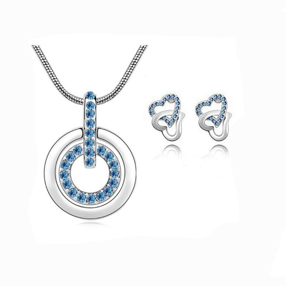 Women's Light Blue Circle Pendant Necklace With Matching Love Heart Earrings Set UK