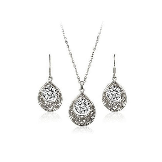 Womens Silver White Hollow Teardrop Jewellery Set Drop Earrings & Necklace