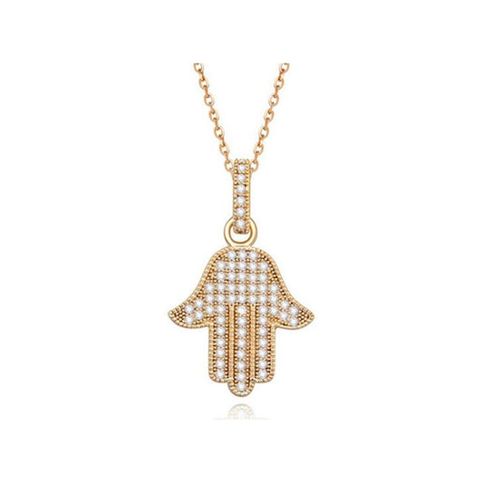 Gold Pendant Necklace Hamsa Hand Lucky Gift Protect Evil Eye Crystal Elements UK Seller