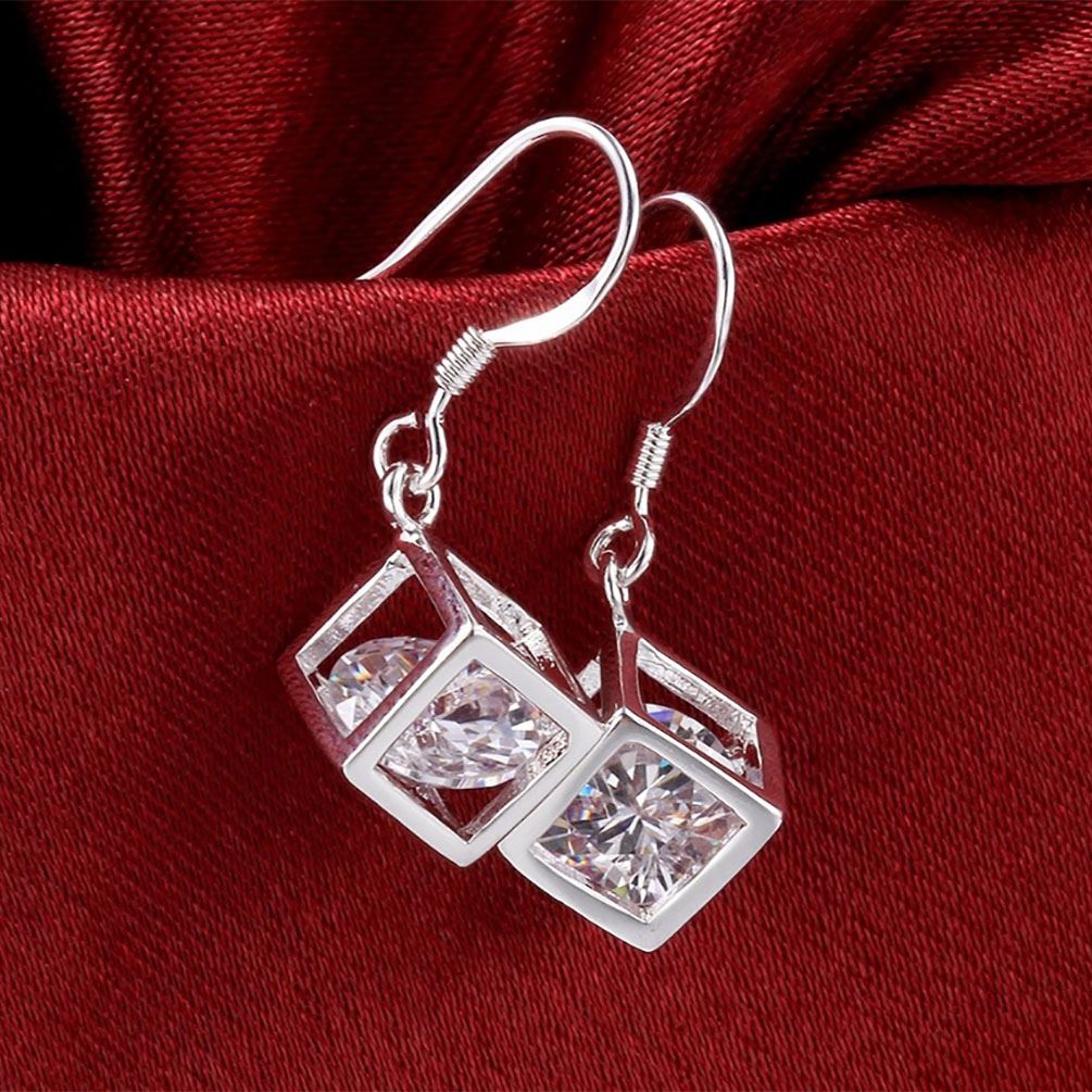 Women's Girl's Silver Cube Earrings With Crystal Stone Unique Gift Stocking Filler UK