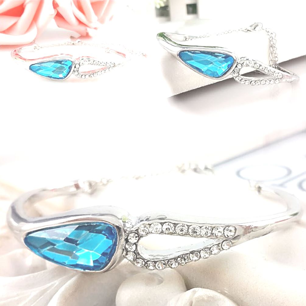 Women Ladies Silver Sky Blue & Crystal Stones Bangle Bracelet Gift Present UK Seller