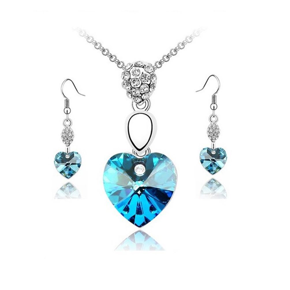 Sky Blue Crystal Elements Heart Pendant Necklace & Earrings Set Jewellery Dangle UK Seller