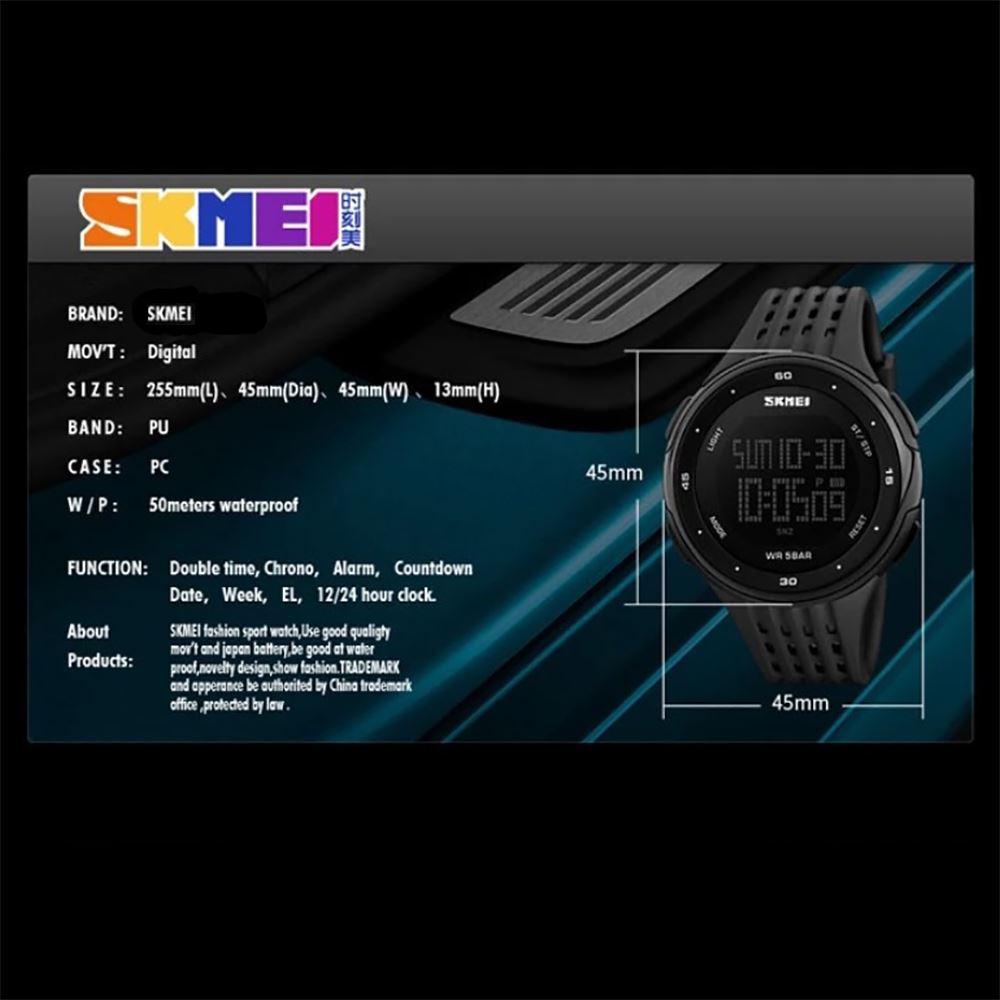 SKMEI Mens Large Display Digital Watch Resin Strap Stopwatch Alarm 50m DG1219