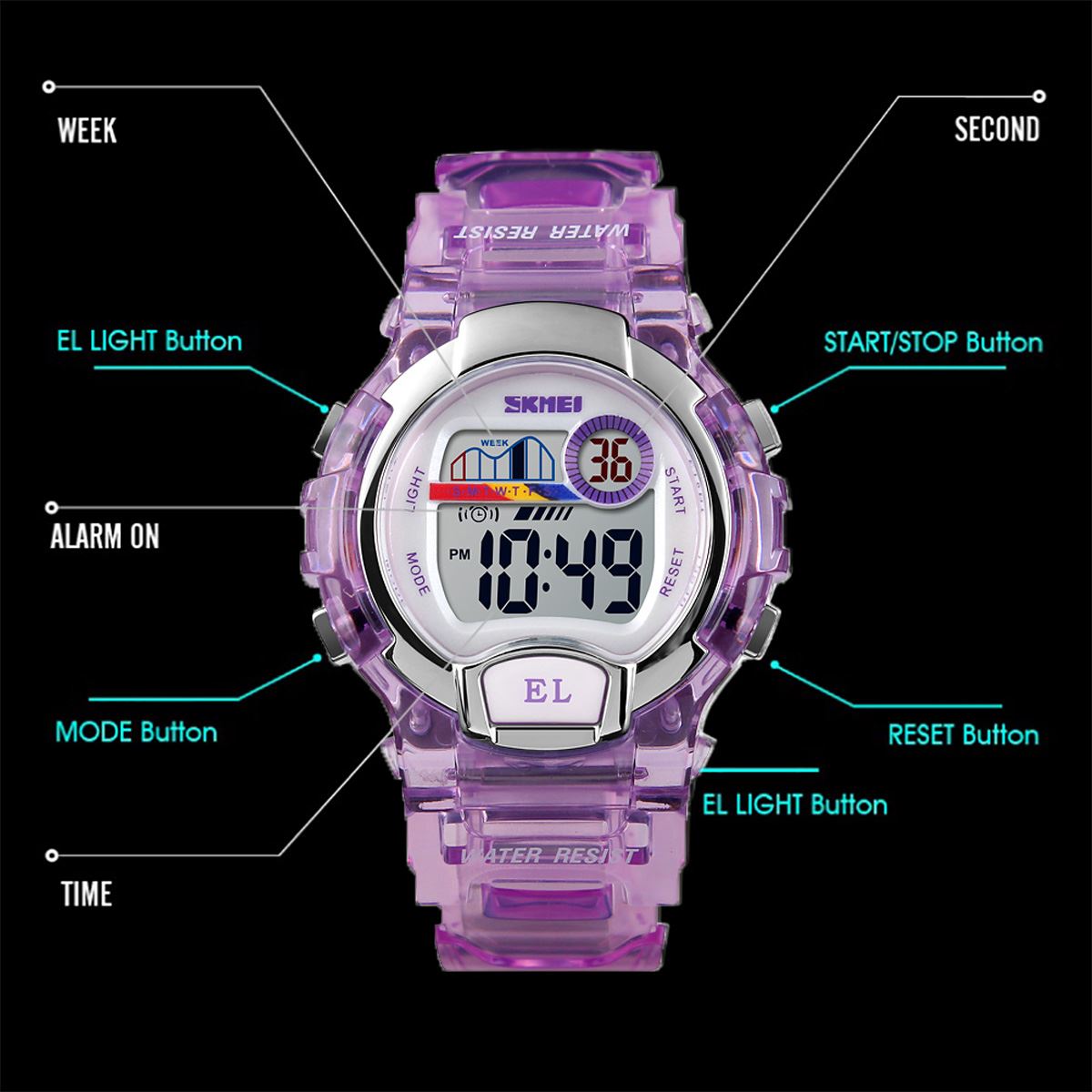 Skmei Kids Boys Girls Purple Digital Watch Transparent Strap Watch 50m Water Resistant Stopwatch Perfect For Ages 5-13