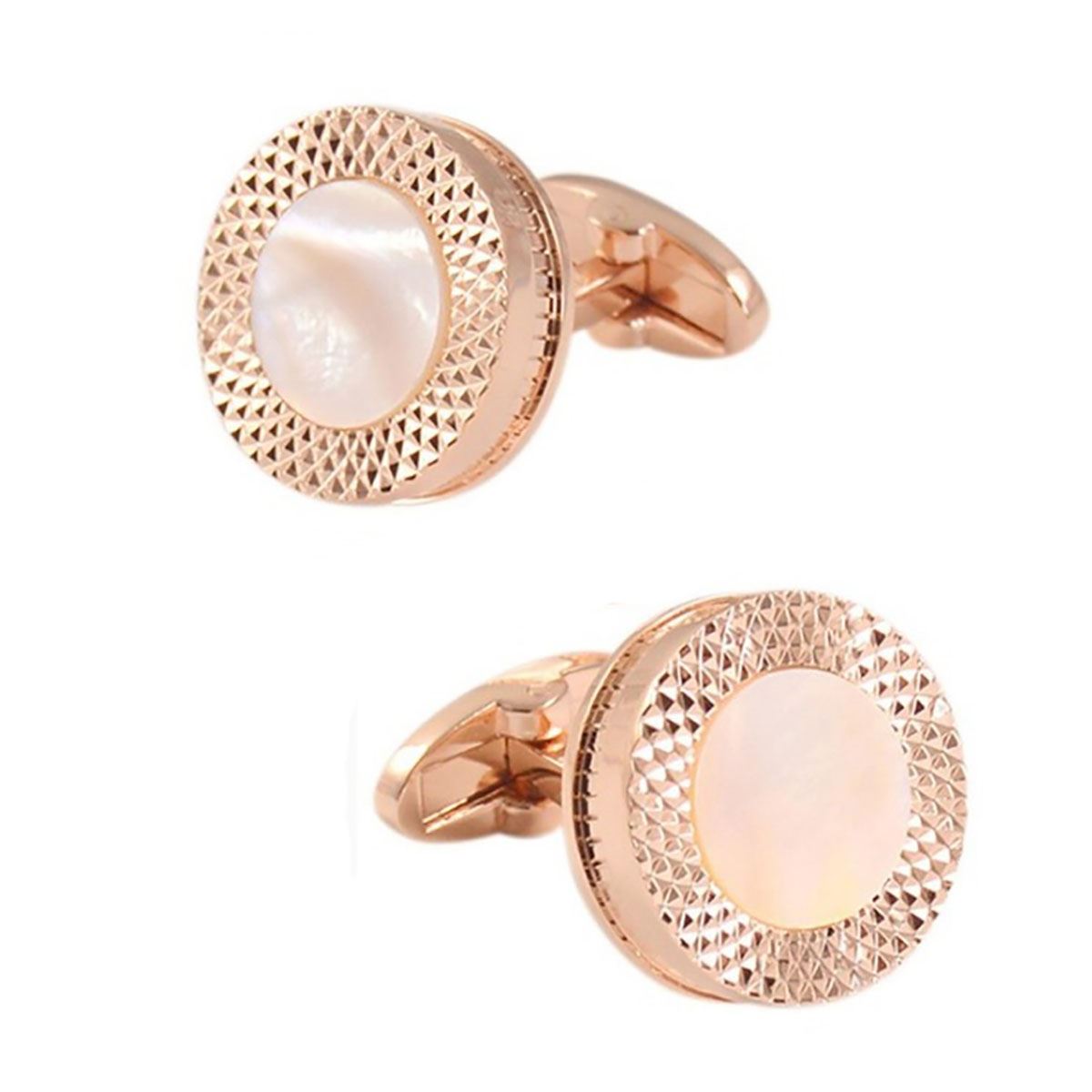 Round Rose Gold Cufflinks with White Marble Mother of Pearl Button