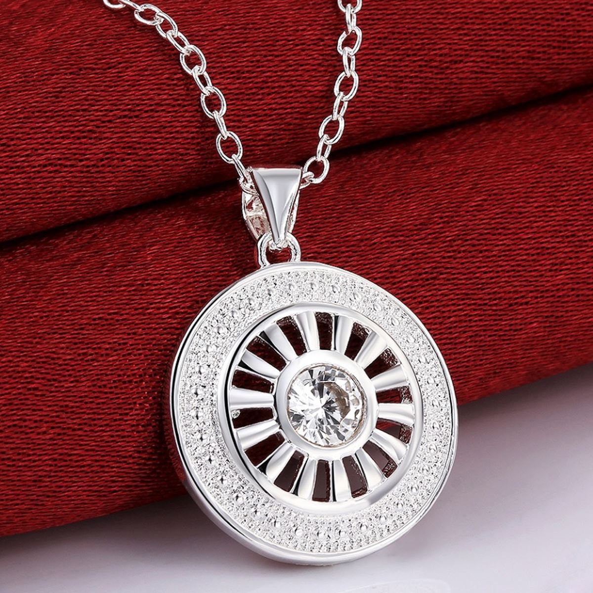 Ladies Women's Silver Plated Circular Necklace Pendant With Central Crystal Stone UK Seller