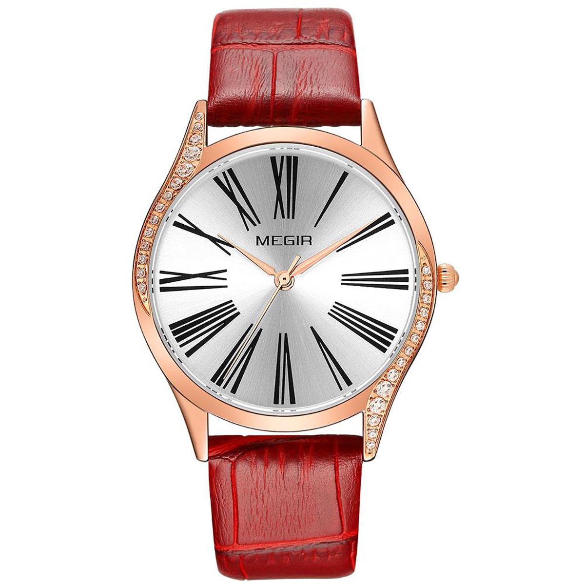 Megir Ladies Round Quartz Analogue Luxury Watch Rose Gold Watches Red Leather UK