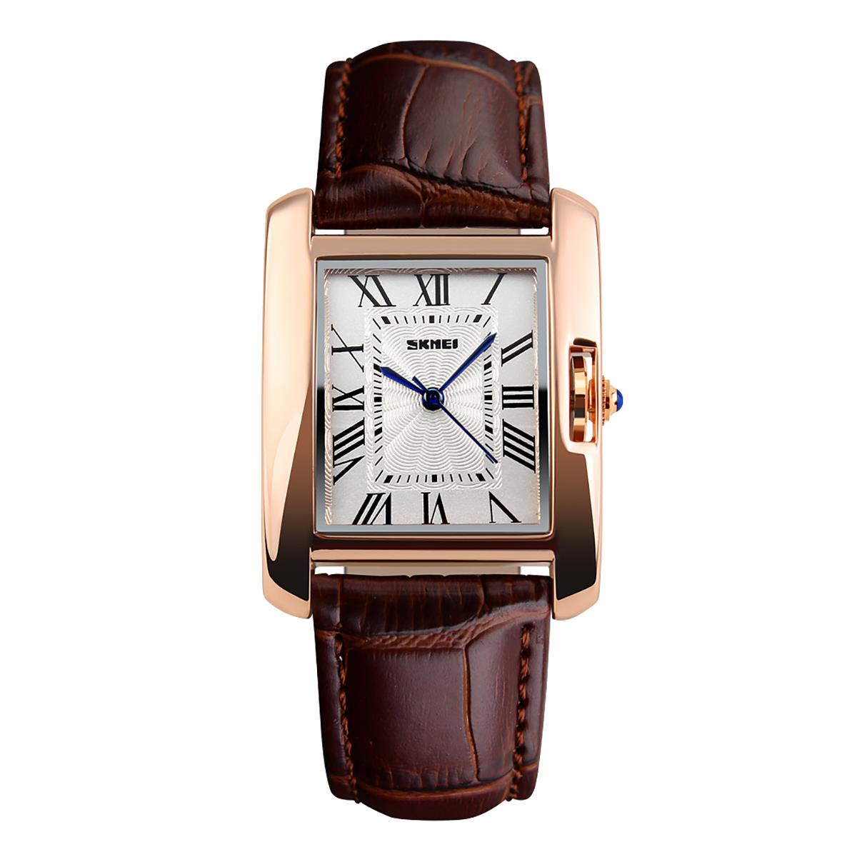 Skmei Beautiful Women's Ladies Watch Square Rose Gold Roman Numerals Genuine Leather Strap Brown 1085BR