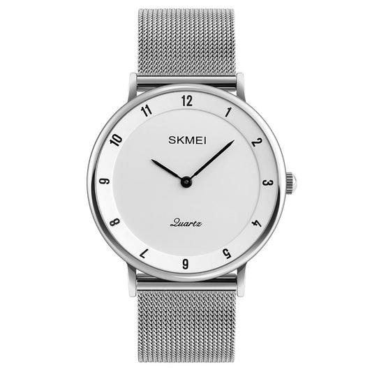 Skmei Mens Watch Classic Silver Dial Ultra Thin Stainless Steel Mesh Strap White Black