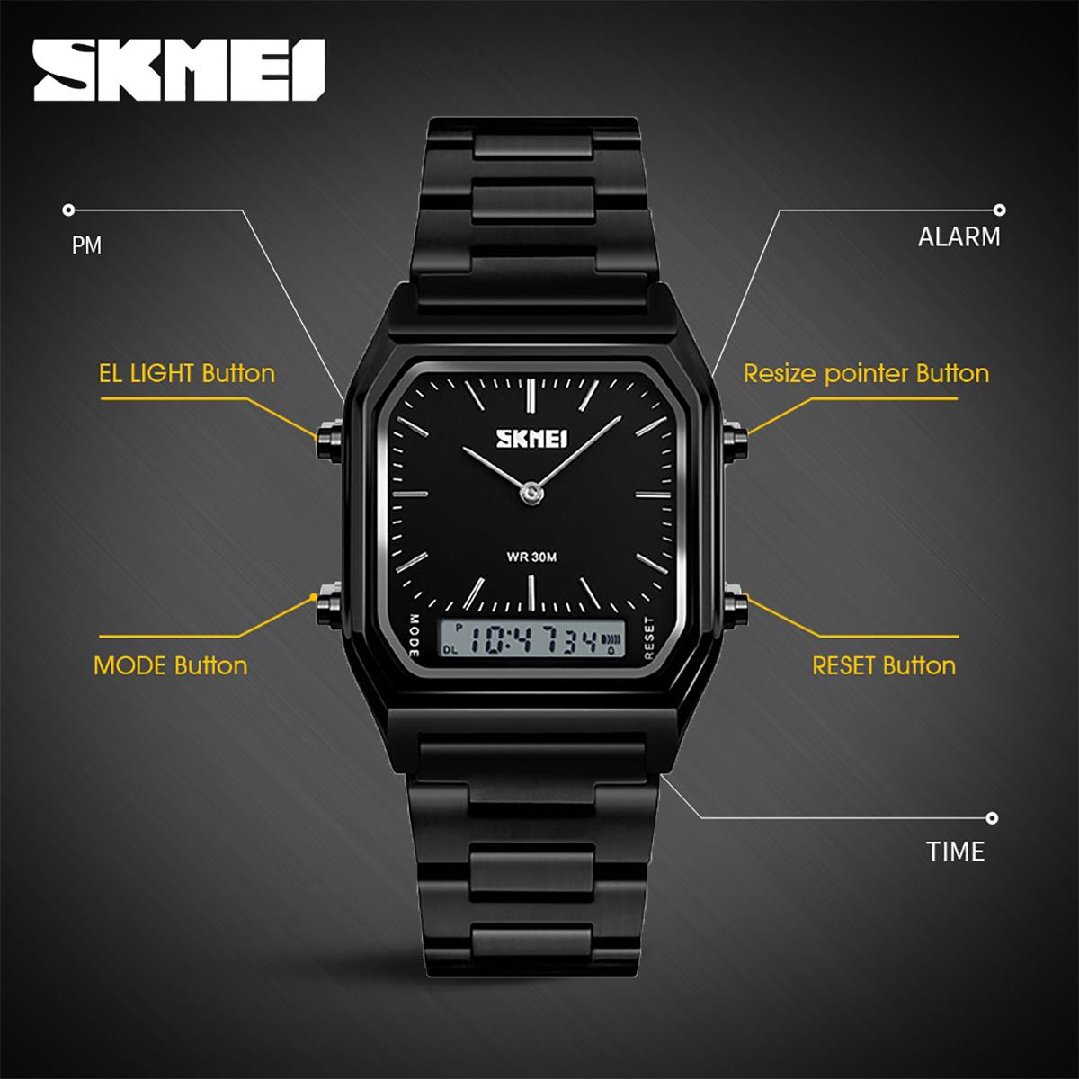 Skmei Mens Classic Retro Dual Time Digital Watch Alarm Metal Strap Date Black