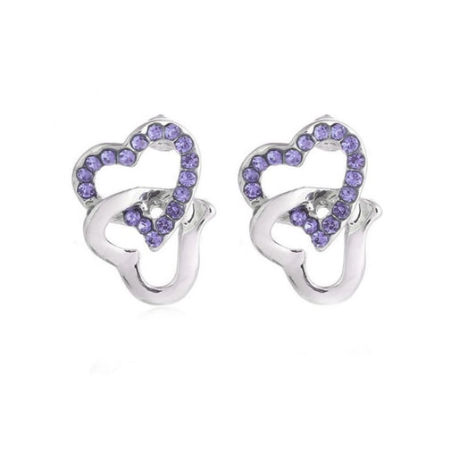 Women's Silver Tone Stud Earrings Purple Stones Chained Heart Diamante UK Seller